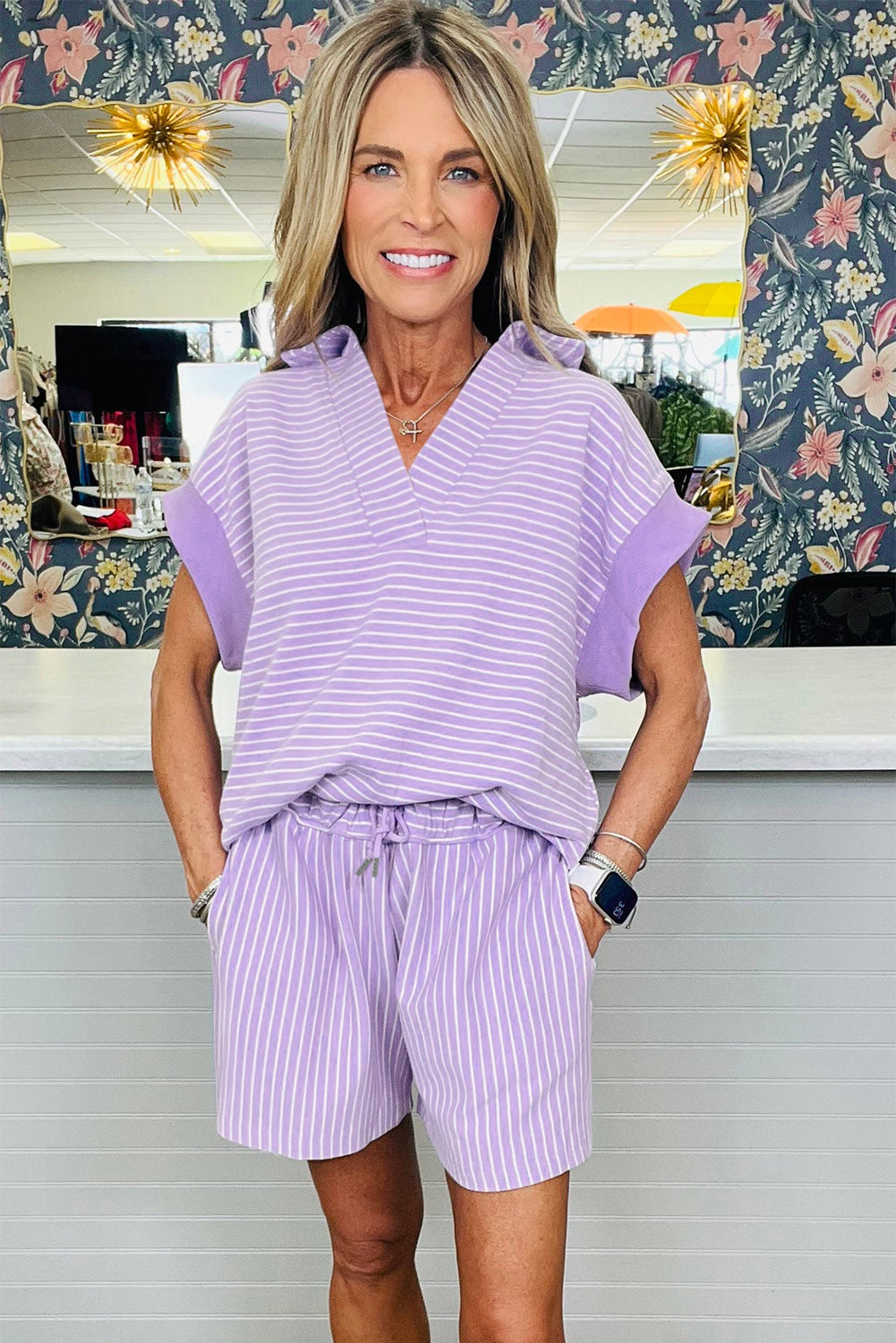 Striped Dolman Sleeve Polo Shirt and Drawstring Shorts Two Piece Set