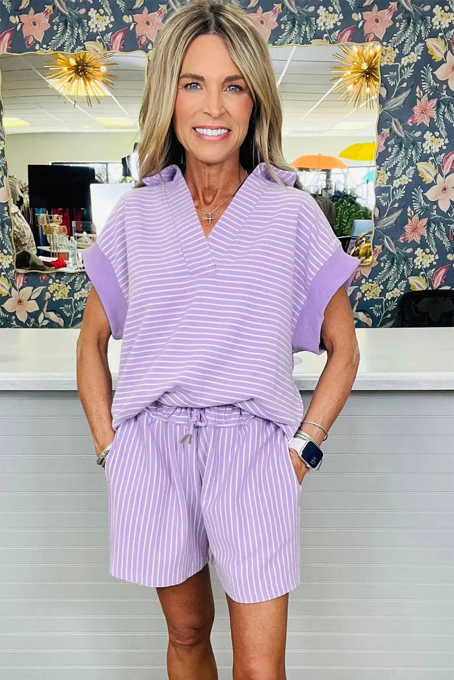 Striped Dolman Sleeve Polo Shirt and Drawstring Shorts Two Piece Set