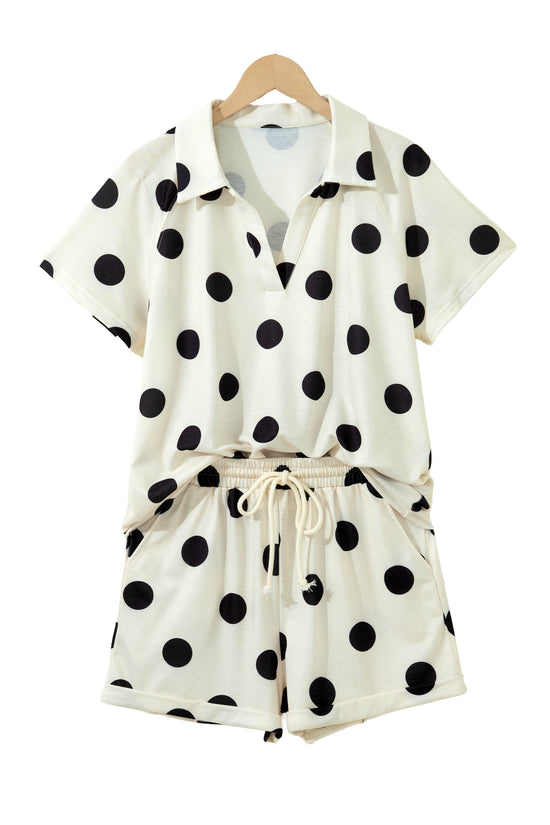 Polka Dot V Neck Short Sleeve Tee High Waist Drawstring Shorts Set