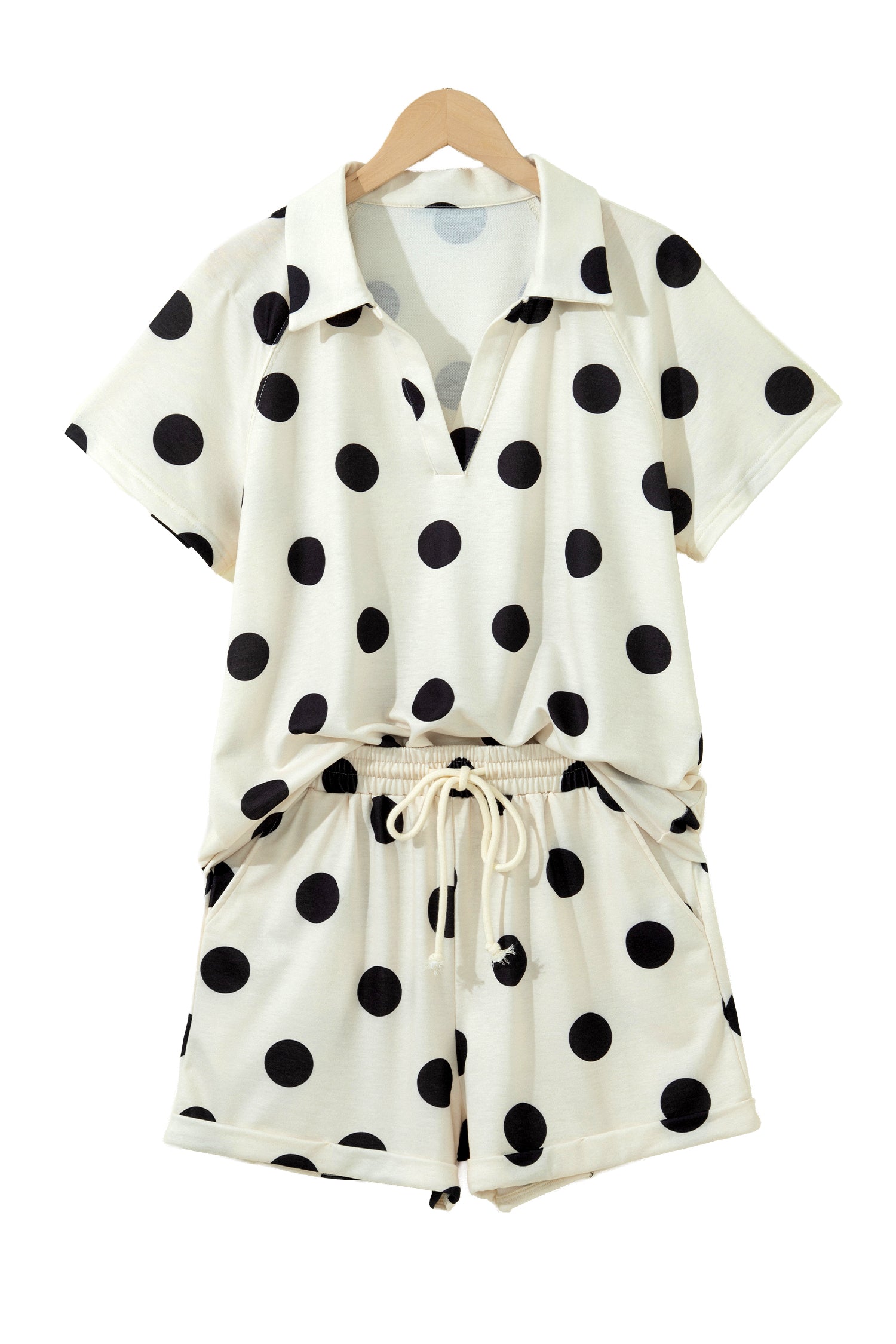 Polka Dot V Neck Short Sleeve Tee High Waist Drawstring Shorts Set