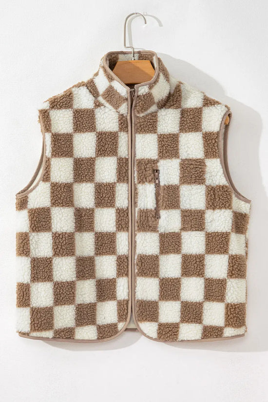 Monochrome mosaic sherpa vest - plaid design