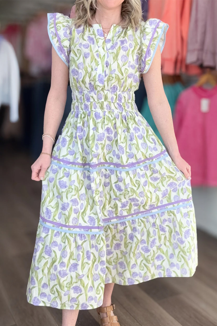Purple Tulip Floral Print Contrast Trim Midi Dress