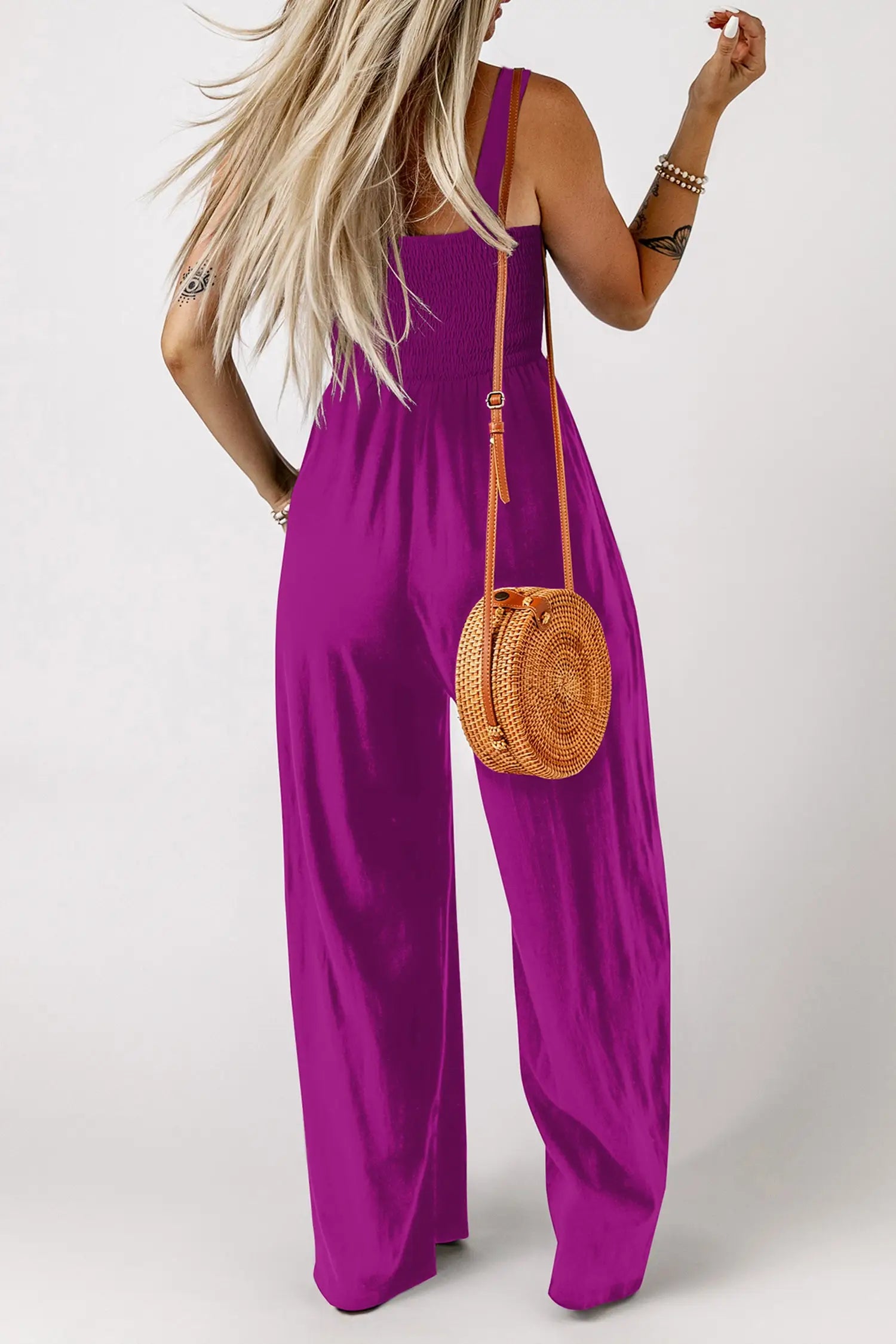 Peacock blue smocked square neck sleeveless jumpsuit with pockets