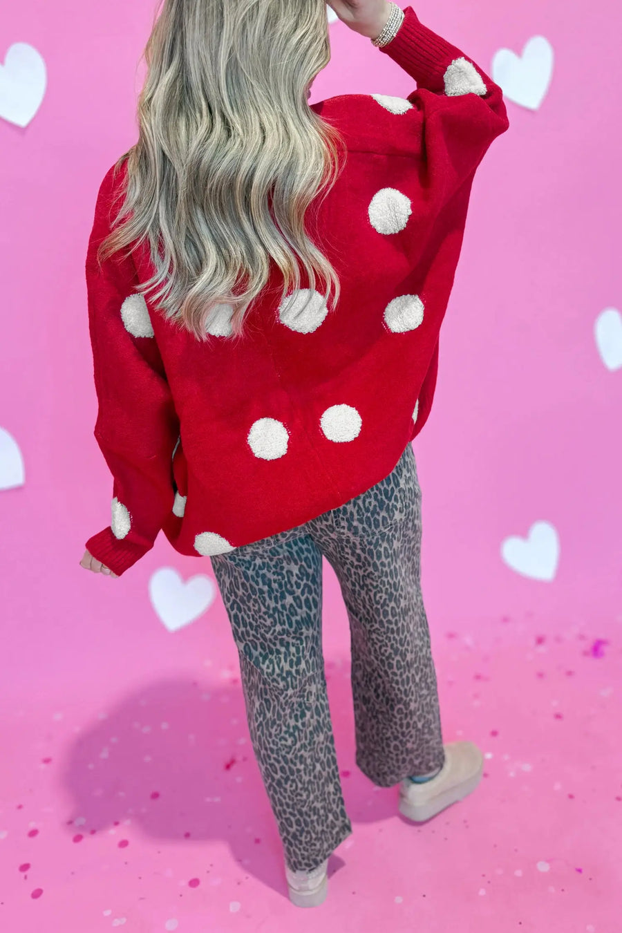 Polka Dot Button Front Oversized V-Neck Cardigan