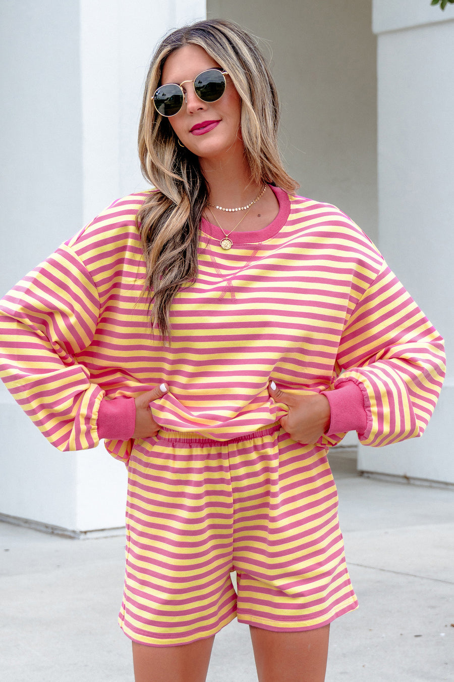 Yellow Stripe Colour Block Long Sleeve Top & Casual Shorts Set Women UK