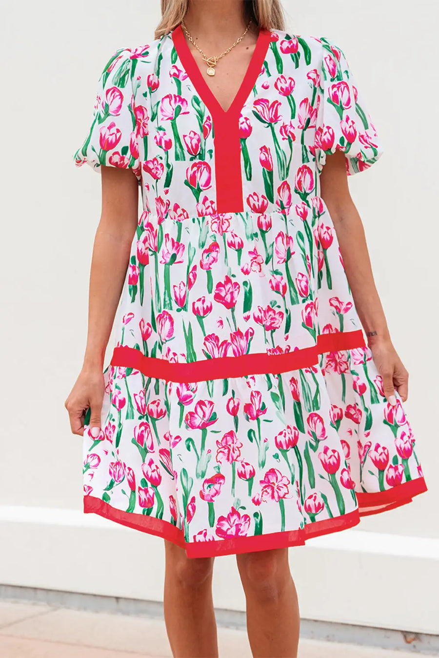 Pink Floral V Neck Bubble Sleeve Babydoll Dress Women UK
