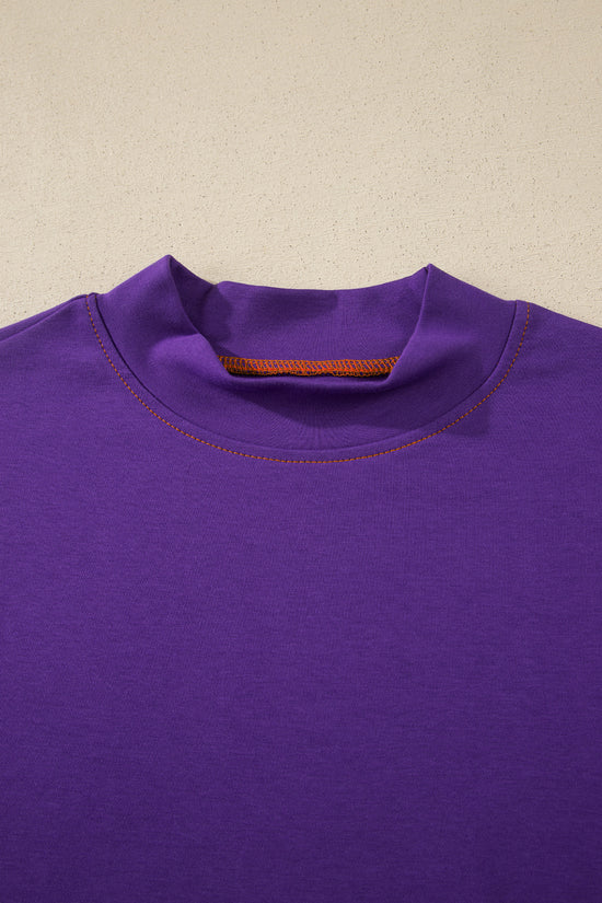 Reversible Contrast Stitch Drop Shoulder High Neck Short Sleeve Tee