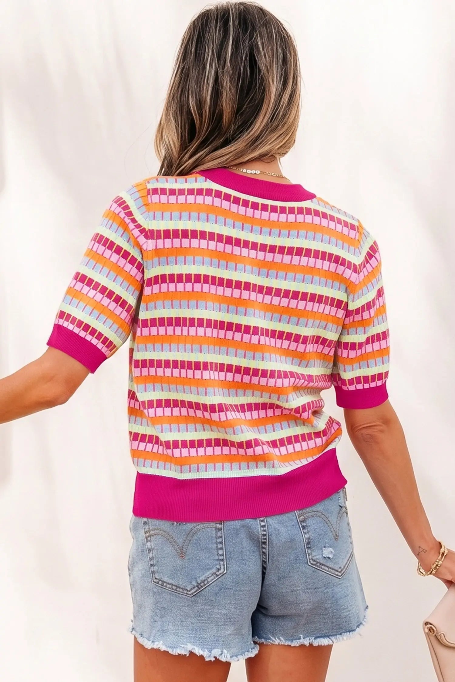 Abstract striped knit short sleeve sweater sweaters