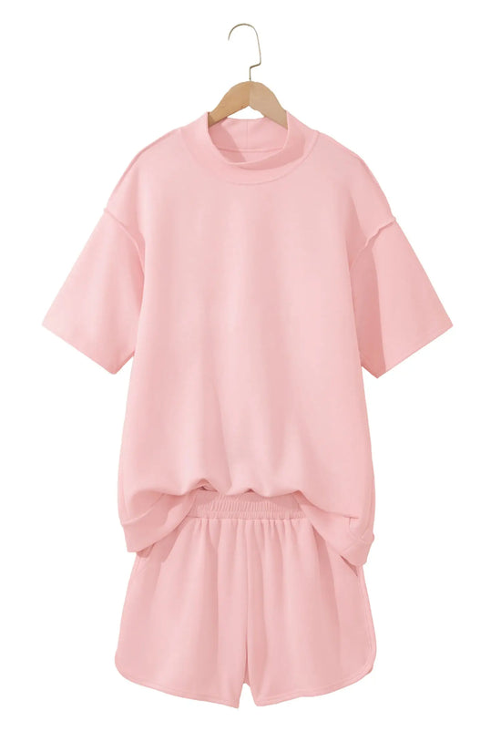 Exposed seam mock neck oversized tee shorts two piece set pockets outfit sets