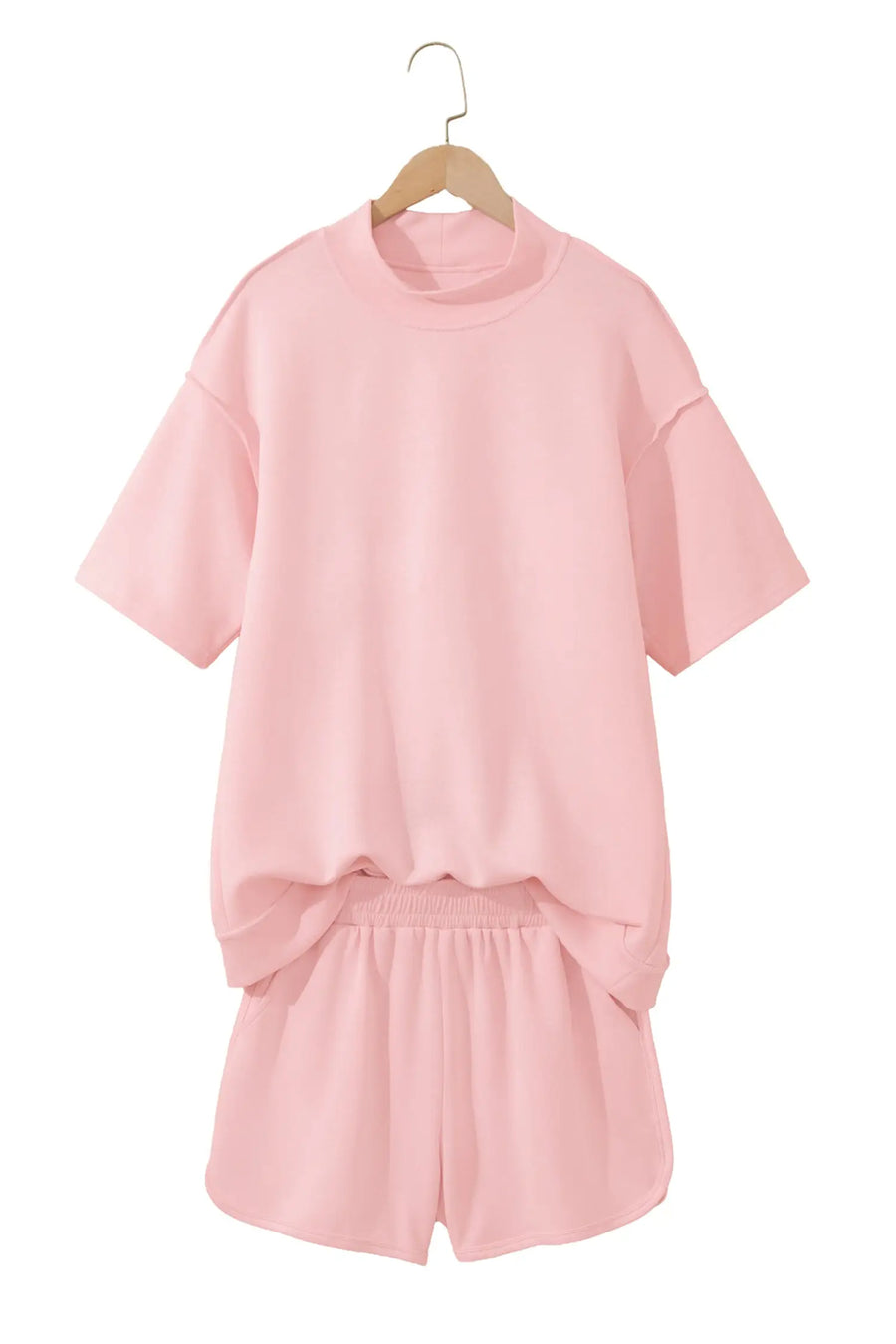 Exposed seam mock neck oversized tee shorts two piece set pockets outfit sets