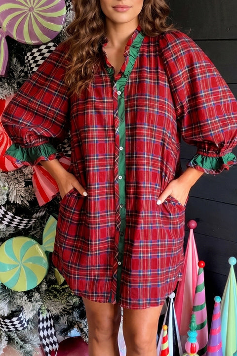 Red plaid ruffle cuff button front pocket mini dress women UK front view