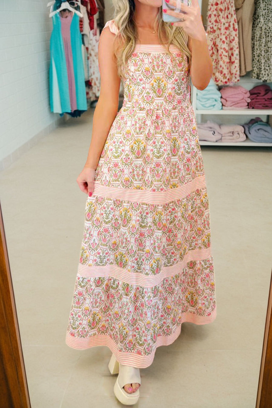 Floral Patchwork Sleeveless A-Line Dress Women UK — full length view showing complete A-line silhouette styled for summer — Fashionfitz