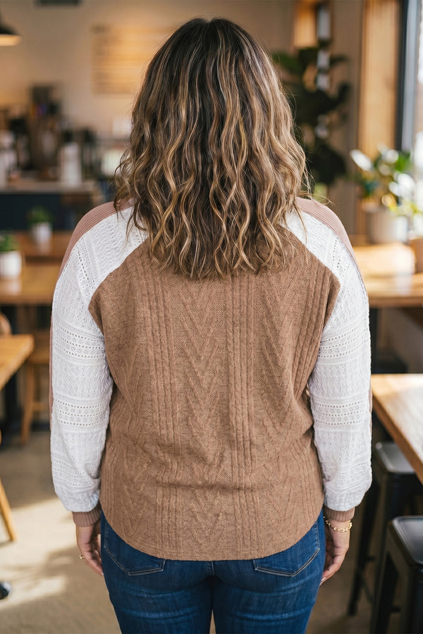 Coffee lace sleeve plus size blouse — close-up of lace sleeve patchwork detail
