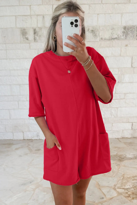 Raw edge half sleeve pocketed loose romper one-pieces