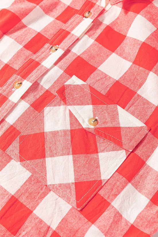 Red and white checkered shirt with front pocket and button details