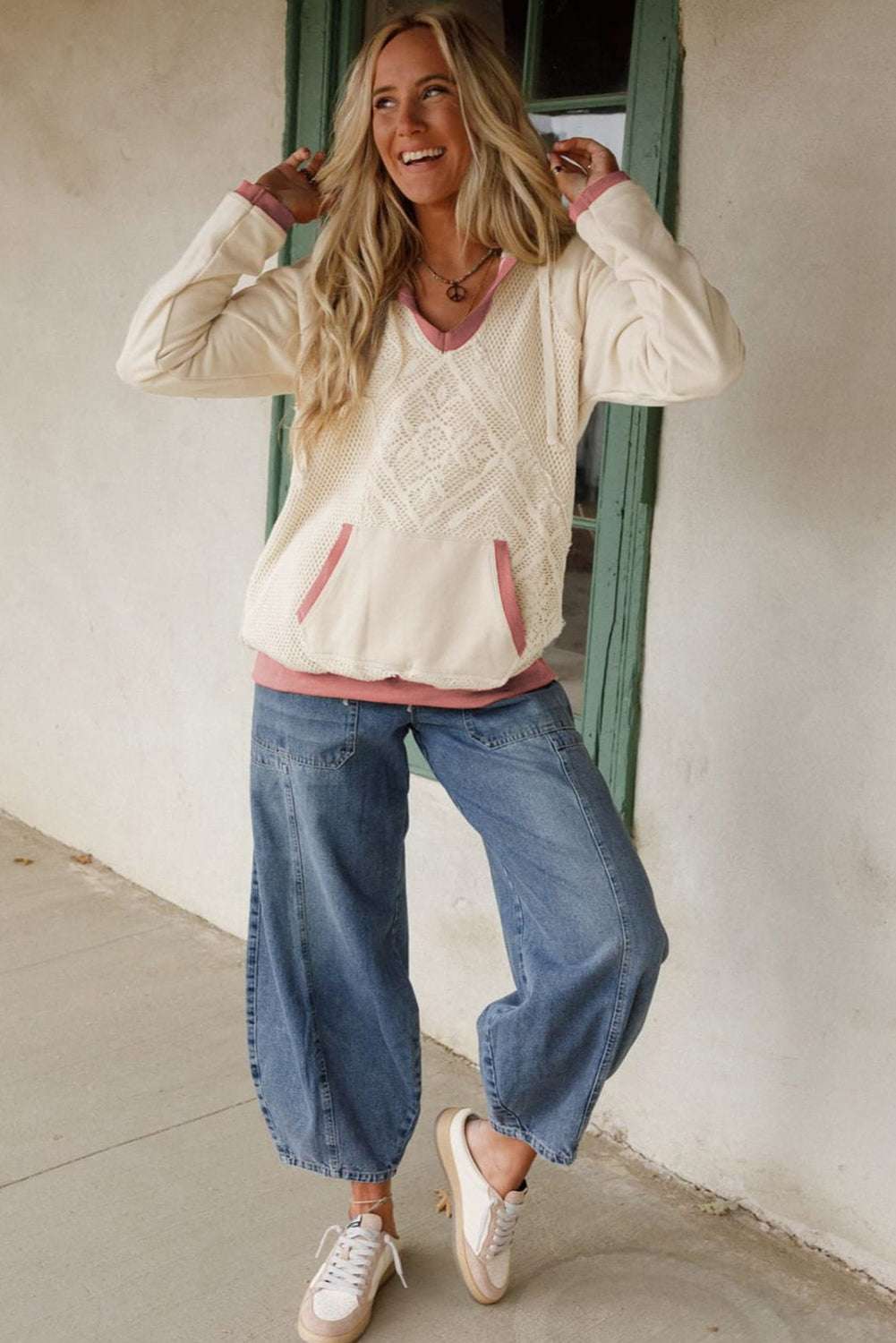 Full outfit view of Women's White Contrast Trim Crochet Knit Hoodie paired with wide-leg jeans and sneakers, perfect for autumn layering.