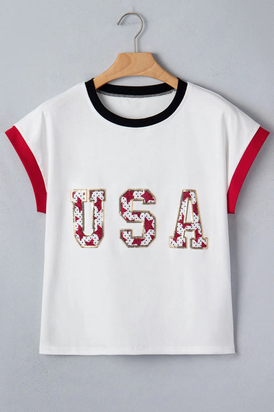 Women’s usa sequin colourblock letter print loose t-shirt t-shirts