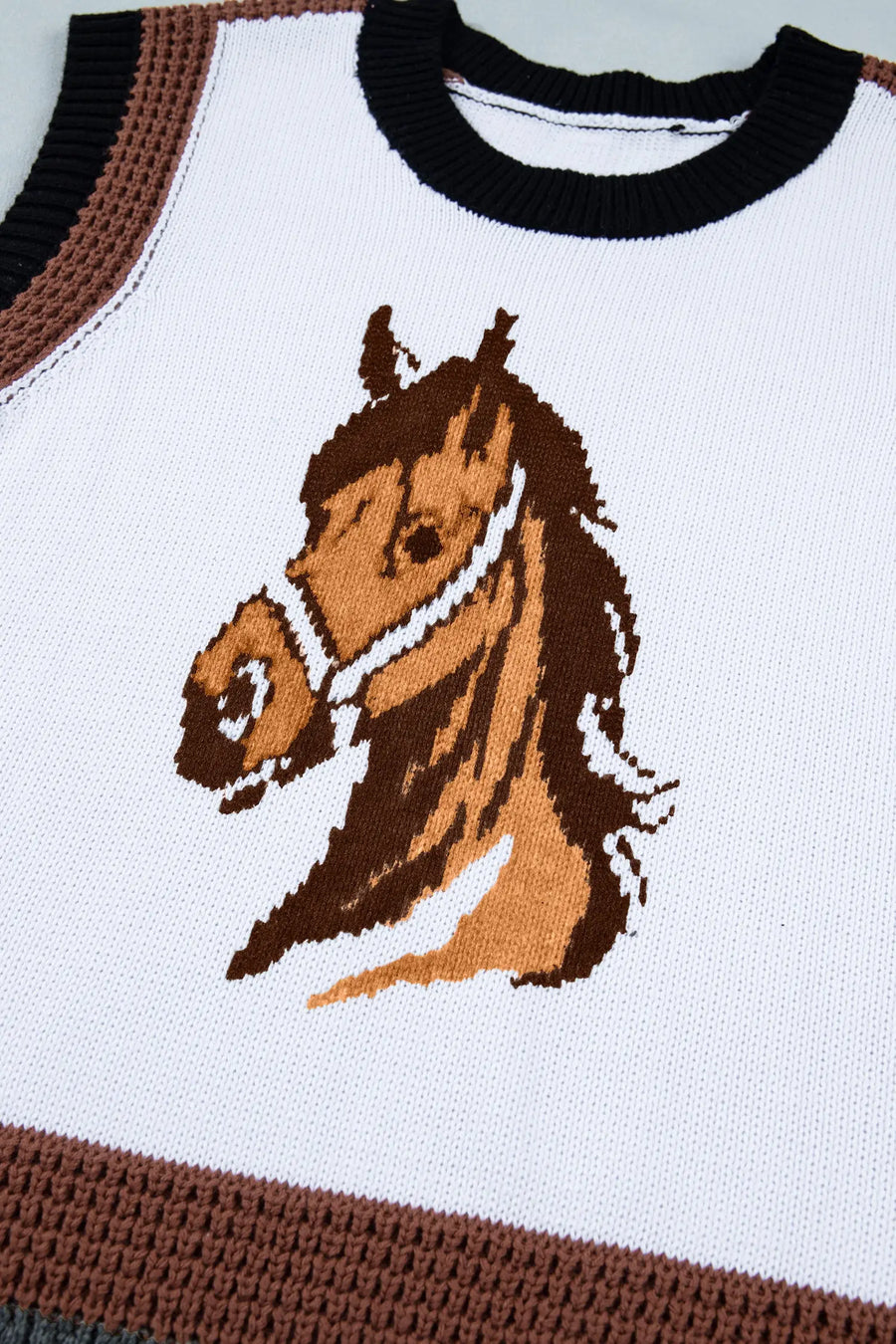 White western horse head print sweater vest colour block trim sleeveless sweaters