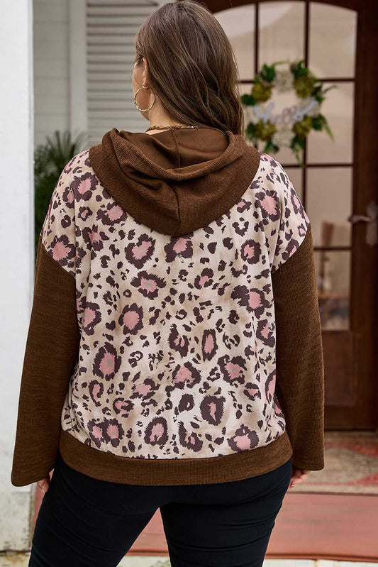 Back view of Curve Brown Leopard Knit Panel Hoodie for Women showing leopard print and brown knit sleeves, ideal for curvy figures.