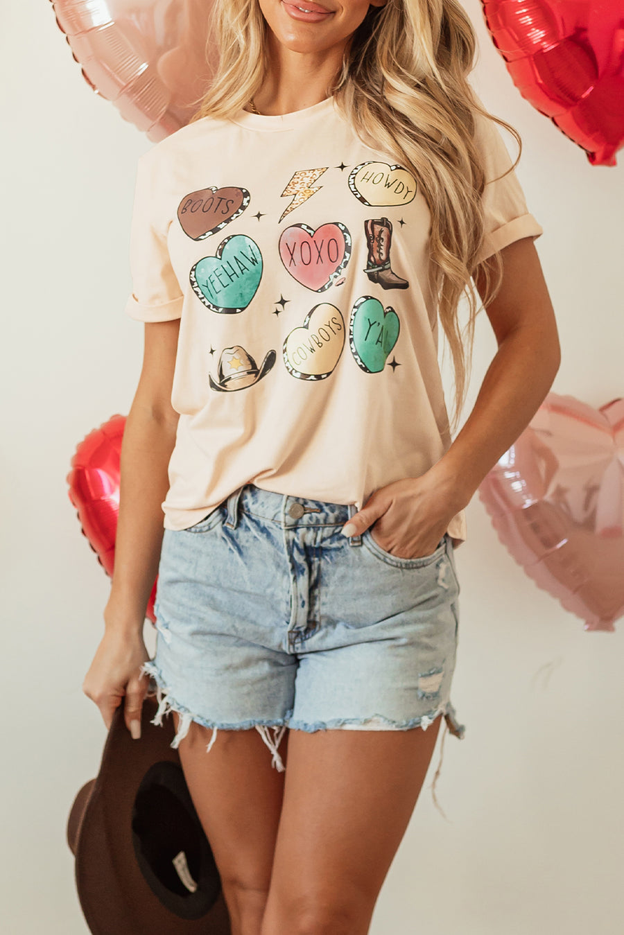 Khaki Western Fashion Valentine Graphic T-shirt