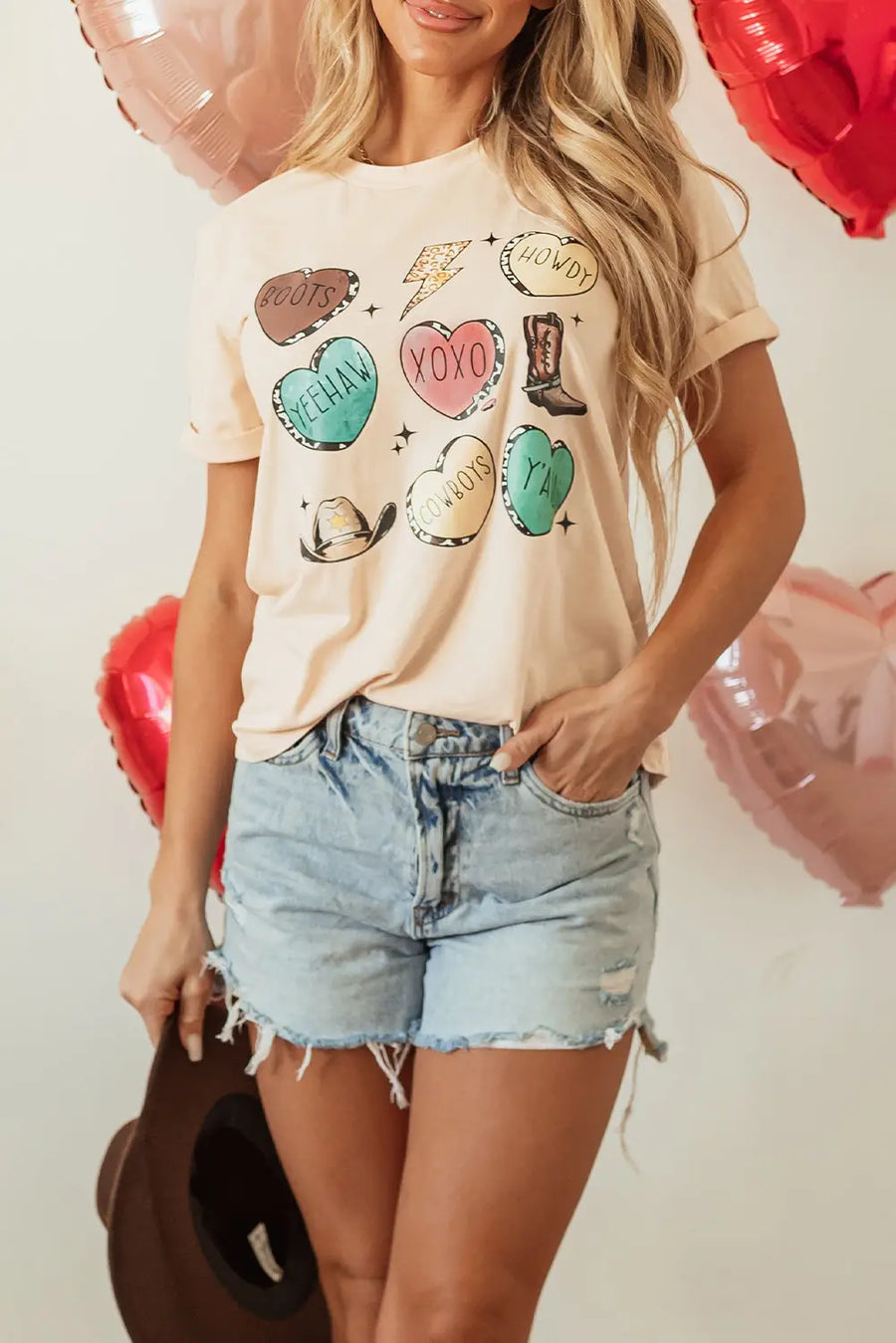Khaki Western Fashion Valentine Graphic T-Shirt Women UK