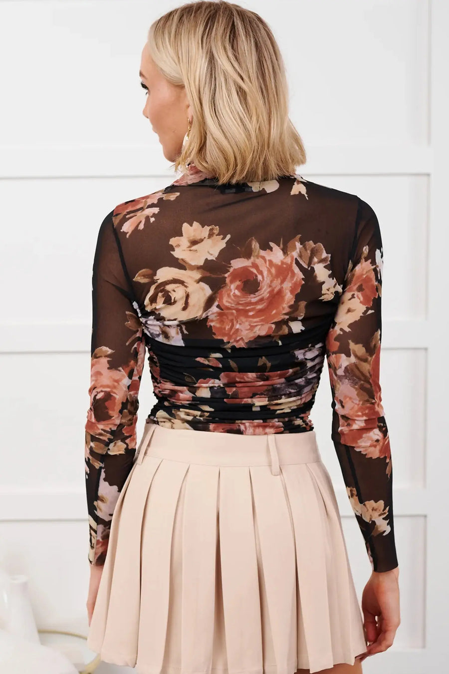 Brown Floral Mesh Long Sleeve High Neck Bodysuit — close-up detail | Fashionfitz UK