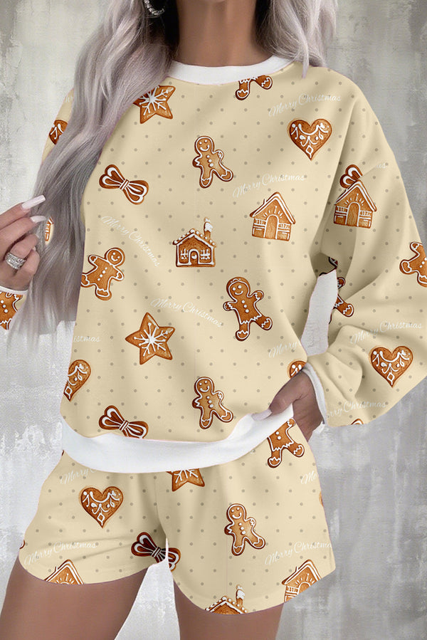 Gingerbread Print Long Sleeve Pullover Lounge Shorts Set Women UK