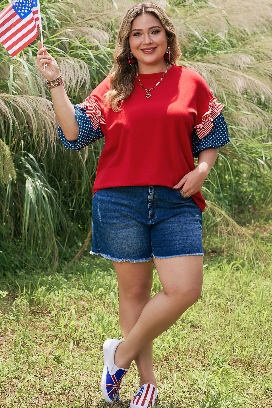 Striped Ruffle Star Bubble Sleeve Patchwork Plus Size Top Women UK