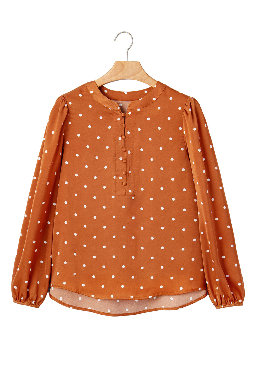 Brown Polka Dot Half Button V-Neck Long Sleeve Blouse Women UK