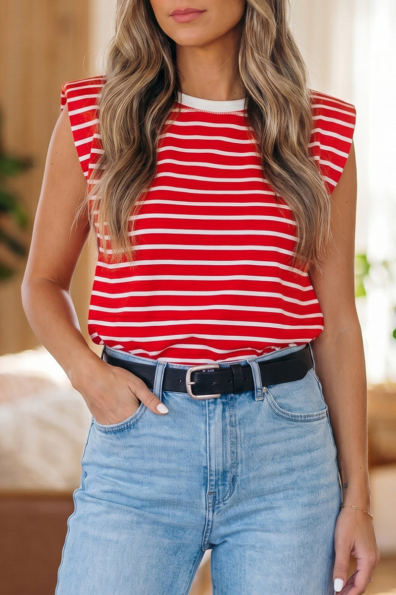 Red Stripe Ribbed Round Neck Trim Loose Tank Top Women UK