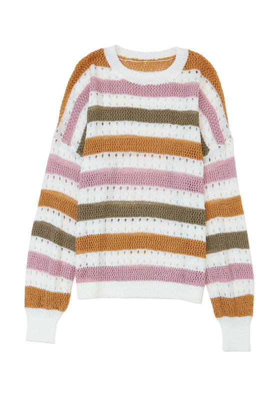 Knitted Loose Sweater - Striped Hollowed