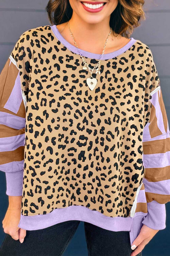 Curve Leopard Stripe Baggy Sweatshirt in lavender and khaki colorway, styled for women’s plus size casual outfits with bold animal print.