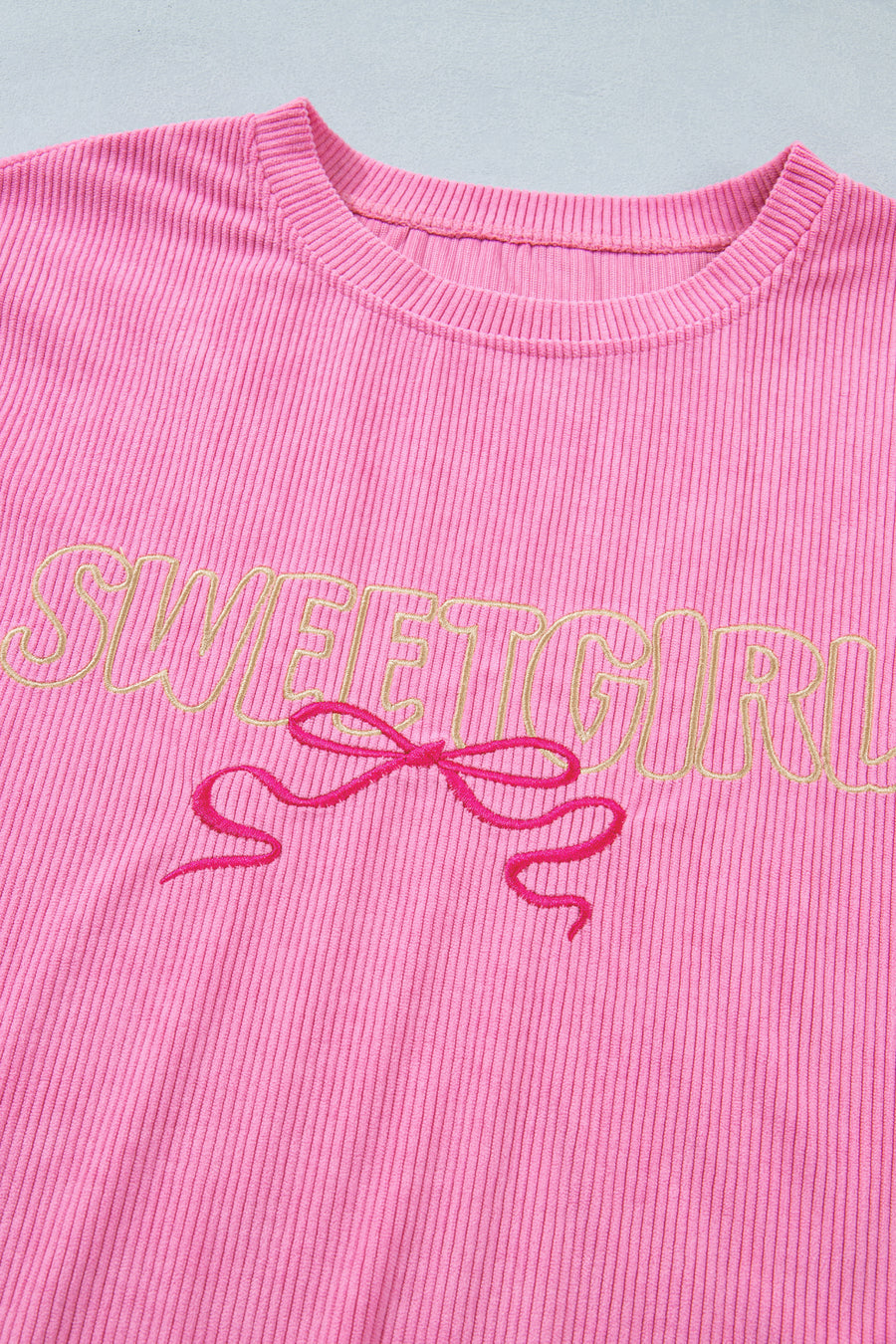 Bonbon Sweet Girl Embroidered Graphic Rib Textured Top