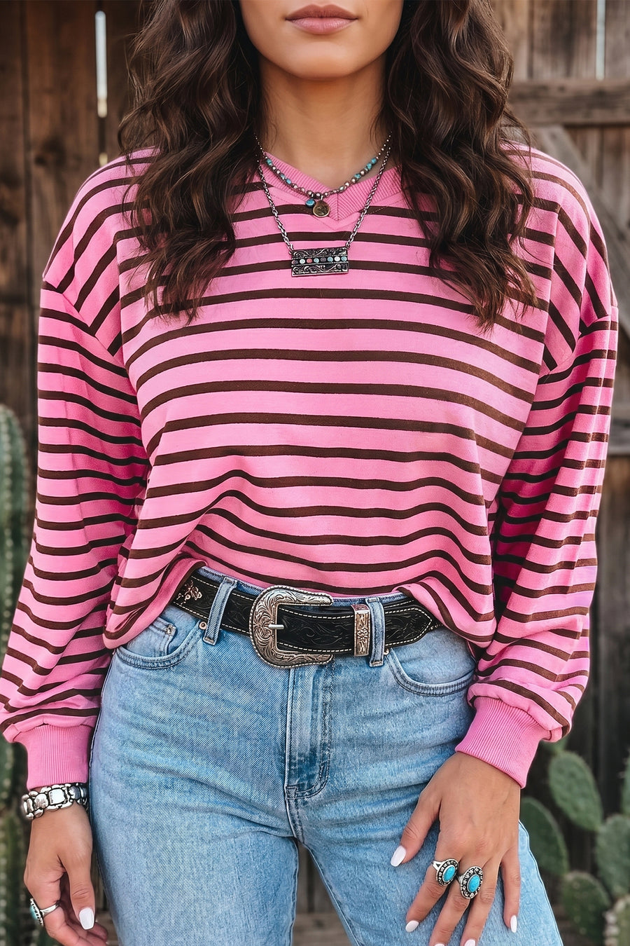 Pink Stripe V-Neck Drop Shoulder Long Sleeve Top Women UK