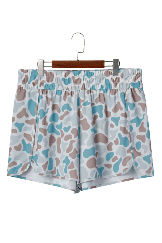 Plus size camouflage print athleisure shorts smocked high waist pull-on