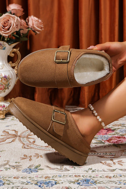 Camel‑coloured vegan suede clog slippers with plush lining and durable TPR sole for women’s winter comfort.