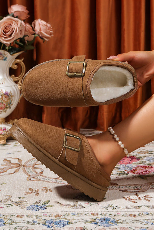 Camel‑coloured vegan suede clog slippers with plush lining and durable TPR sole for women’s winter comfort.