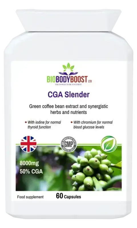 CGA Slender Green Coffee 8000 — 8000mg green coffee extract standardised to 50% CGA chlorogenic acids, 60 vegan capsules, BioBodyBoost UK