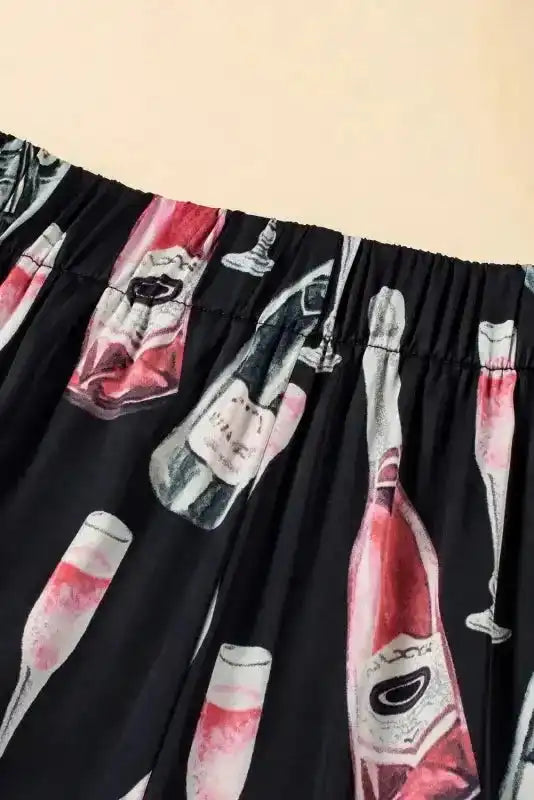 Champagne Pajamas Set - Black Silky Short Sleeve - Fashionfitz