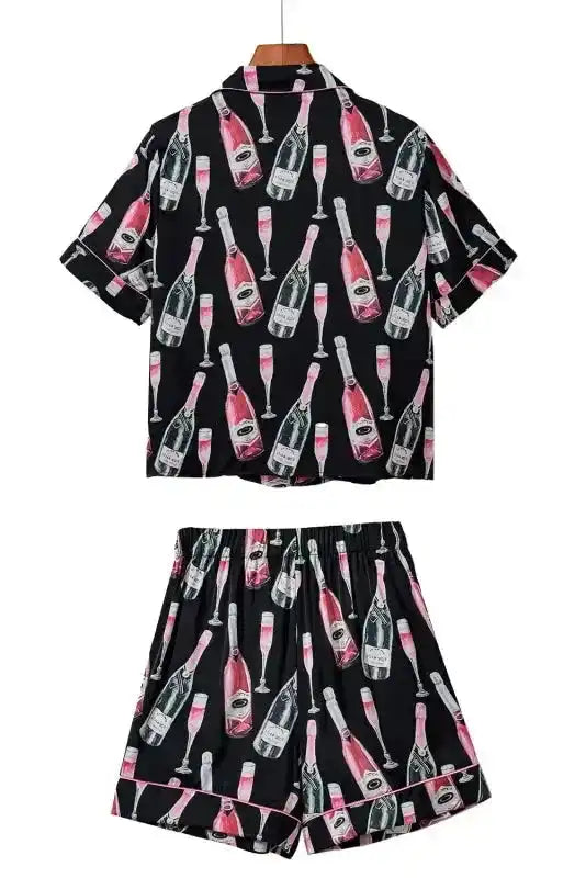 Champagne Pajamas Set - Black Silky Short Sleeve - Fashionfitz