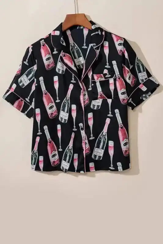 Champagne Pajamas Set - Black Silky Short Sleeve - Fashionfitz