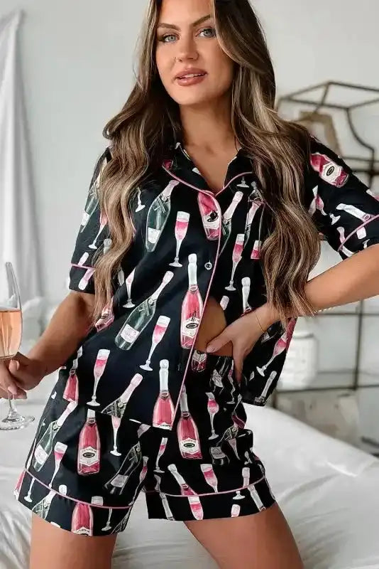 Champagne Pajamas Set - Black Silky Short Sleeve - Fashionfitz