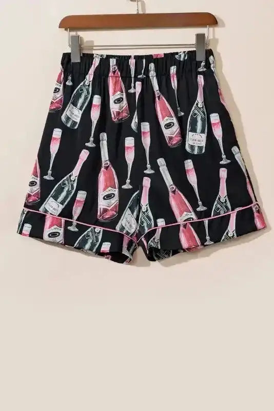 Champagne Pajamas Set - Black Silky Short Sleeve - Fashionfitz