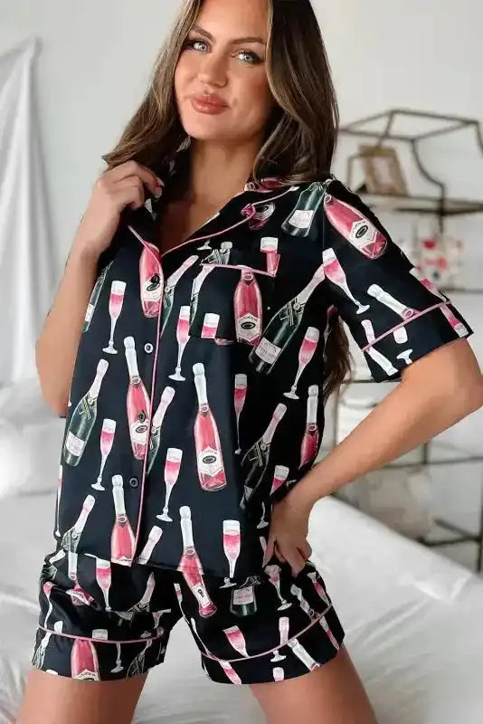 Champagne Pajamas Set - Black Silky Short Sleeve - Fashionfitz