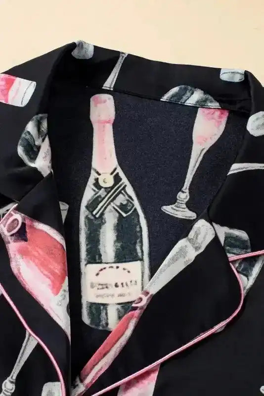 Champagne Pajamas Set - Black Silky Short Sleeve - Fashionfitz