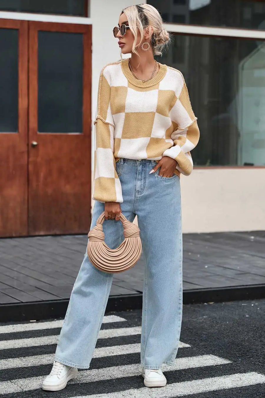 Checkered bishop sleeve sweater - snug & chic | fashionfitz