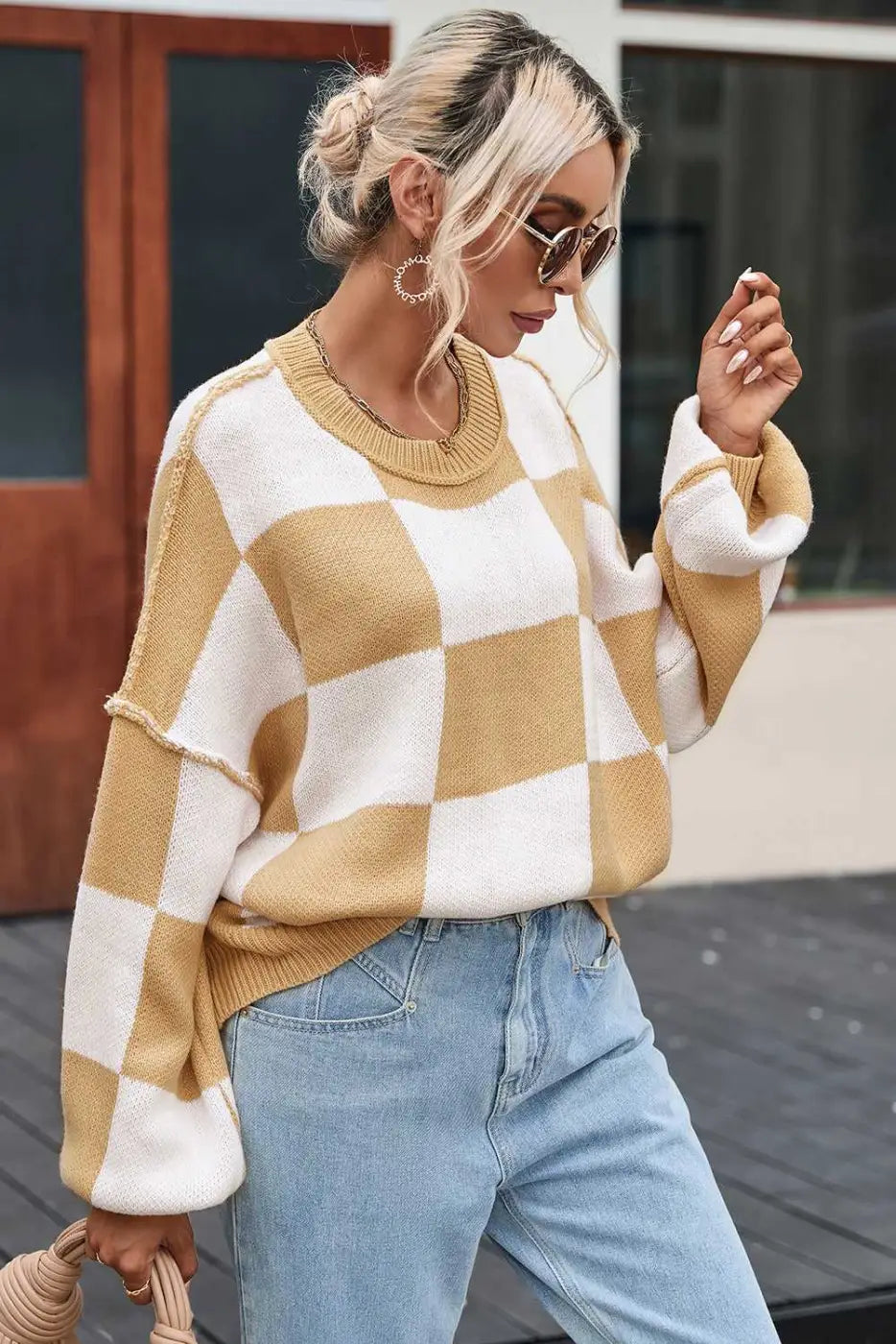 Checkered bishop sleeve sweater - snug & chic | fashionfitz