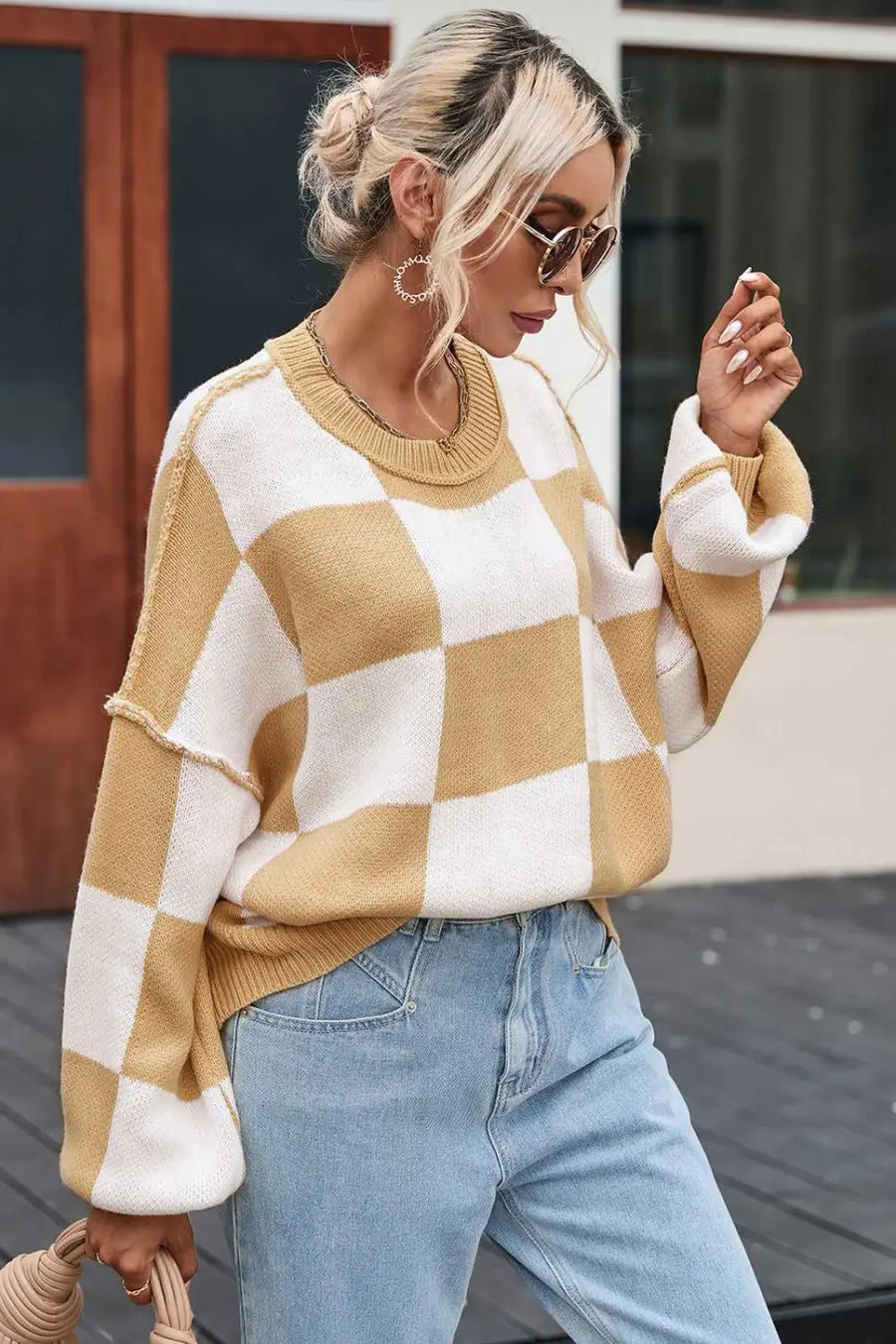 Checkered bishop sleeve sweater - snug & chic | fashionfitz