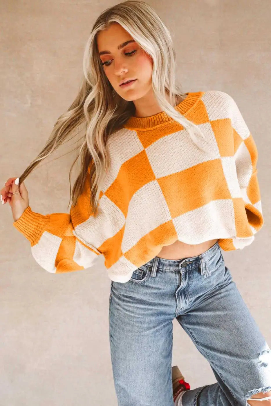 Checkered bishop sleeve sweater - snug & chic | fashionfitz