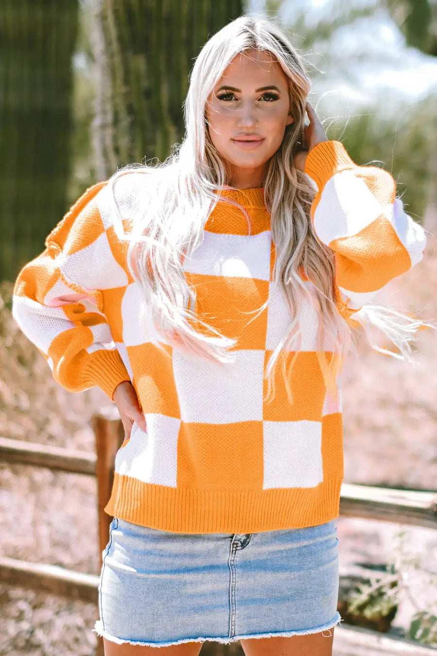 Checkered bishop sleeve sweater - snug & chic | fashionfitz